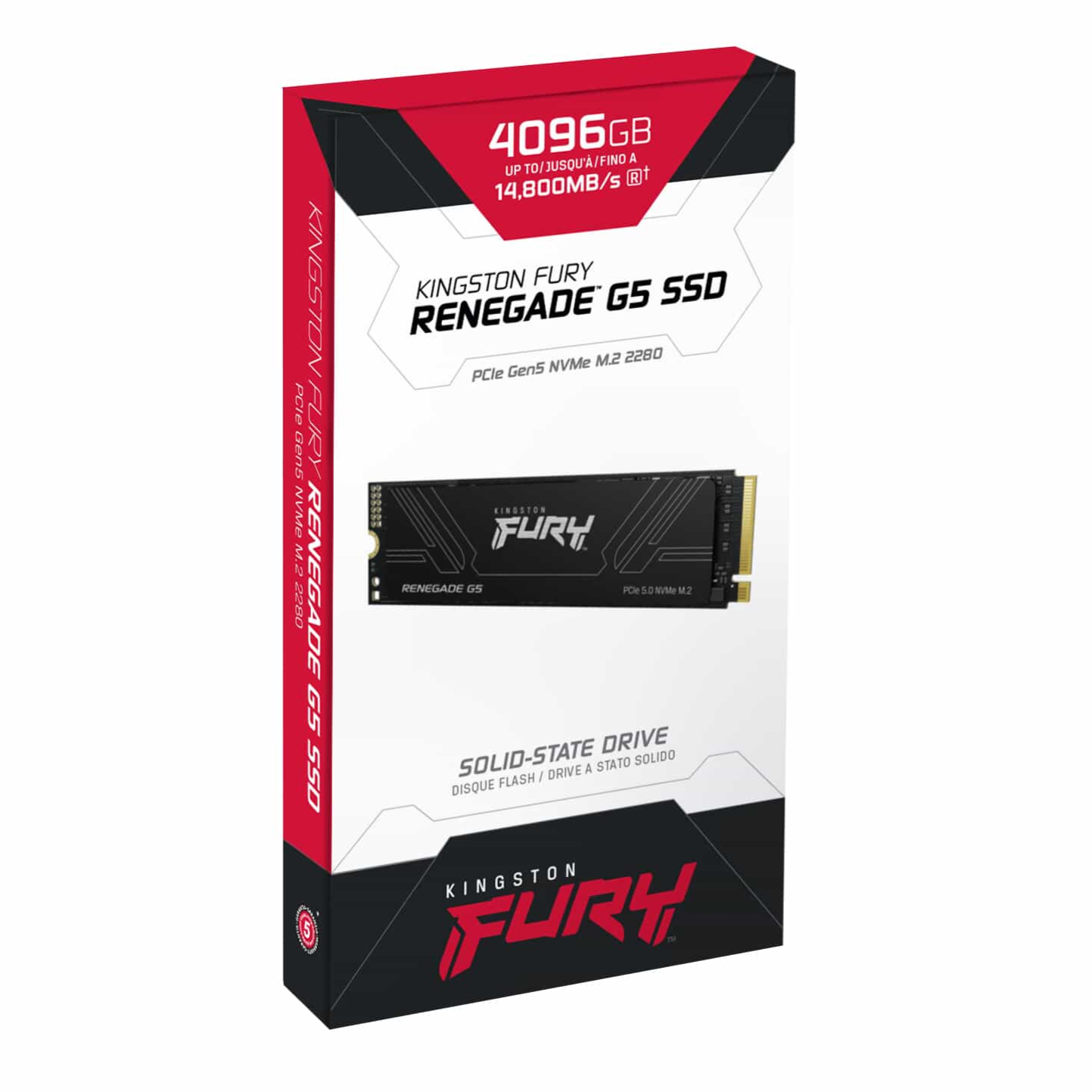 Packaging for Kingston Fury Renegade G5 NVMe SSD with red and black color theme, displaying the capacity of 4096GB and the model name. Packaging for Kingston Fury Renegade G5 NVMe SSD with red and black color theme, displaying the capacity of 4096GB and the model name.